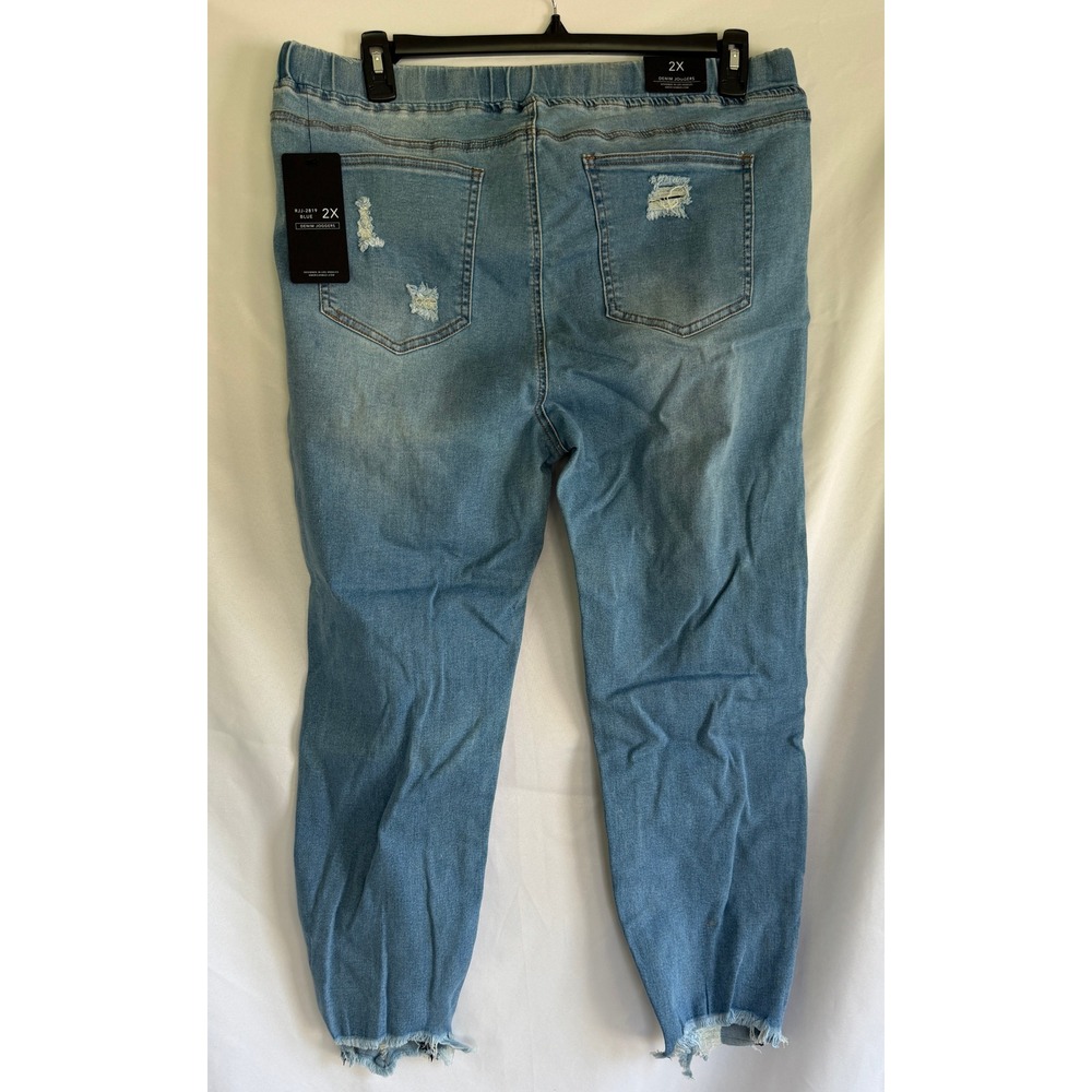 American Bazi Womens 2X Denim Joggers Blue Distressed Elastic Waist RJJ-2819 NEW - Picture 2 of 8